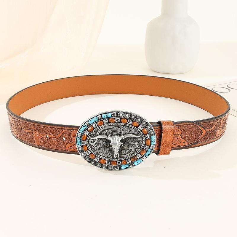 Men's Vintage Embossed Western Cowhide Leather Belt 83232677Y