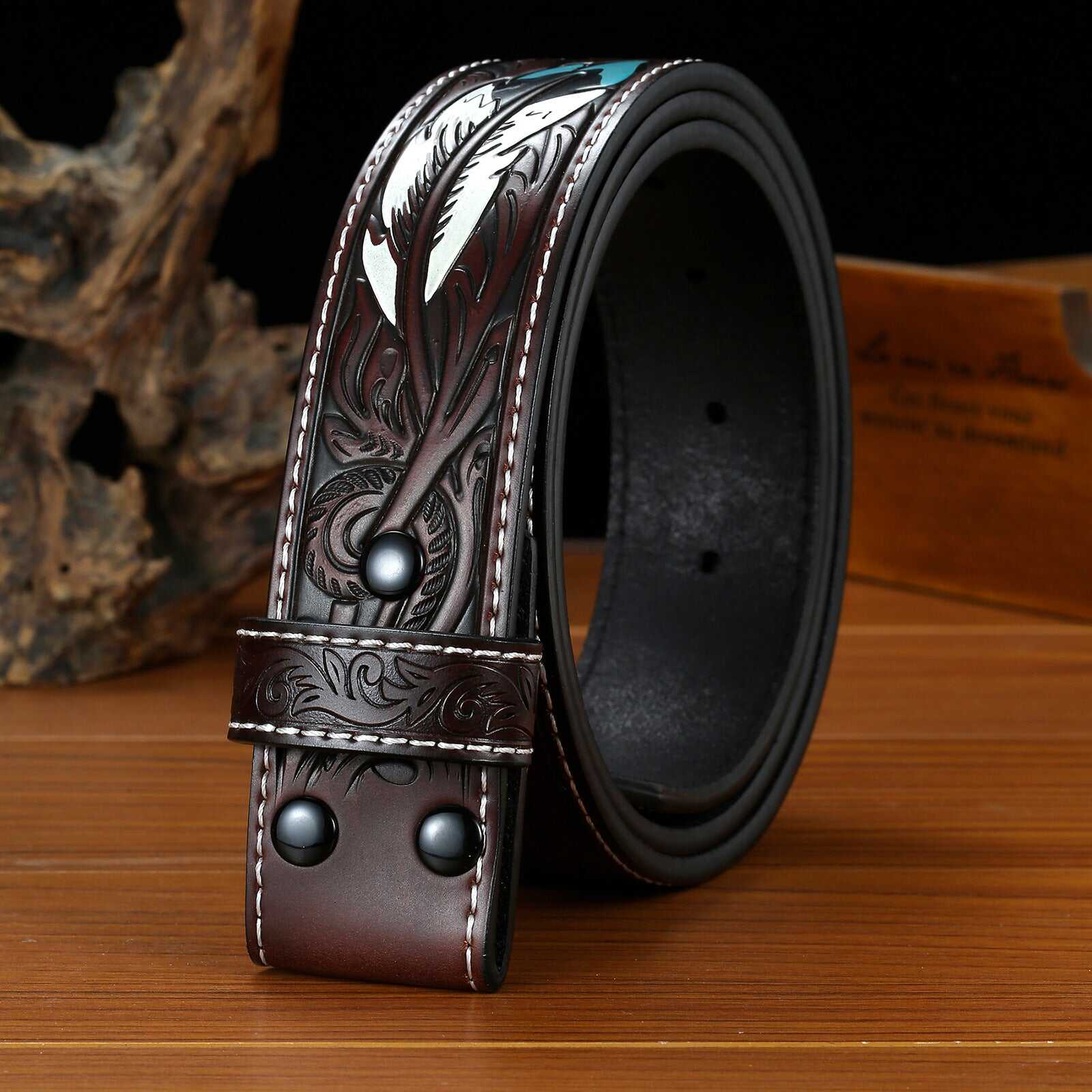 Men's Vintage Genuine Leather Punk Style Embossed Feather Snap Belt MTA0850E9U