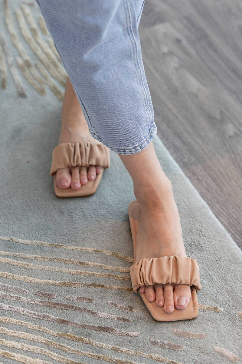 Ruching Sliders in Nude Waterproof Satin