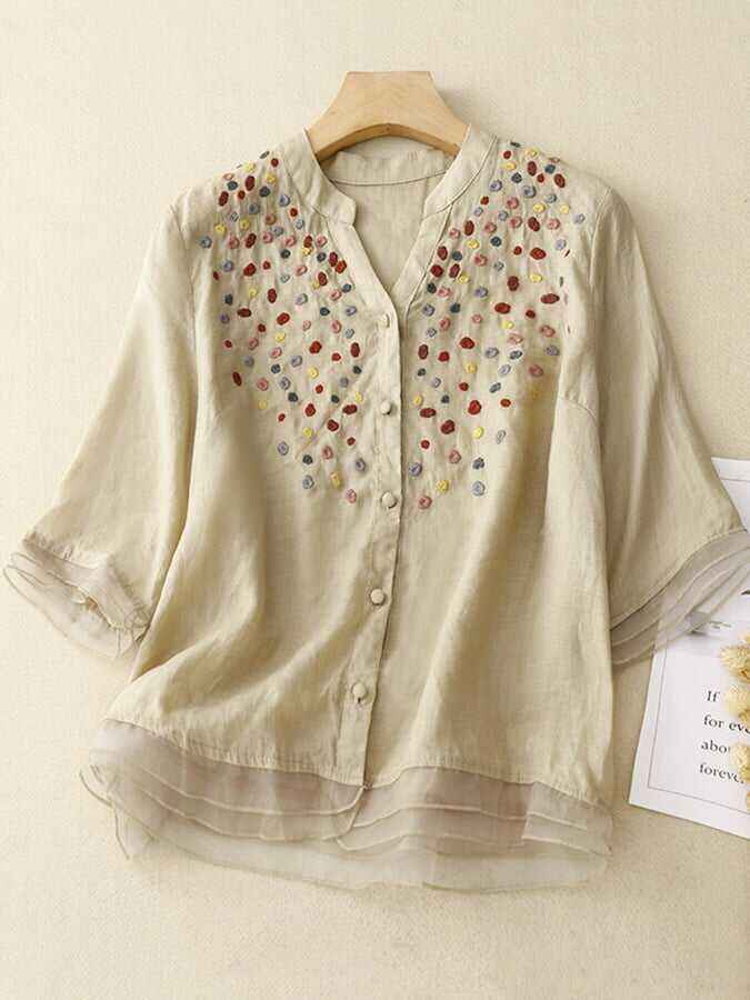 Literary Retro Loose All-Match Mesh Stitching Embroidery V-Neck Shirt