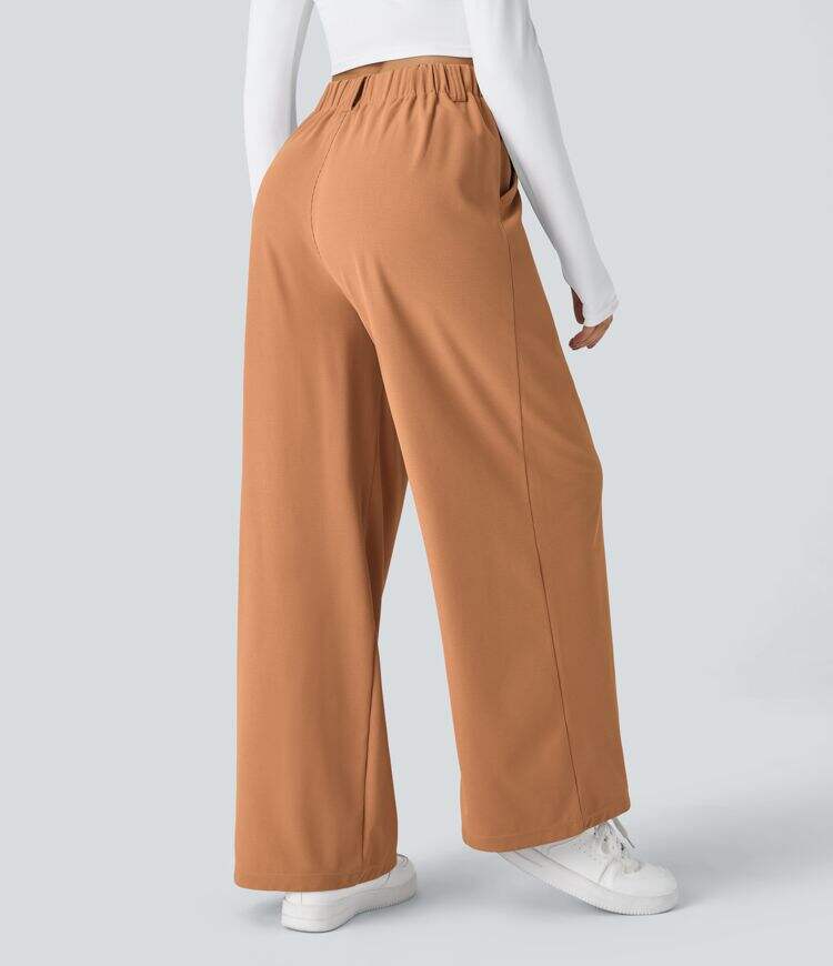 High Waisted Plicated Side Pocket Wide Leg Waffle Work Pants