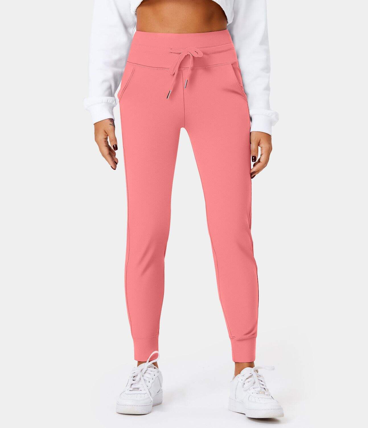 Airy High Waisted Drawstring Side Pocket Plain Cool Touch Full Length Joggers-UPF50+