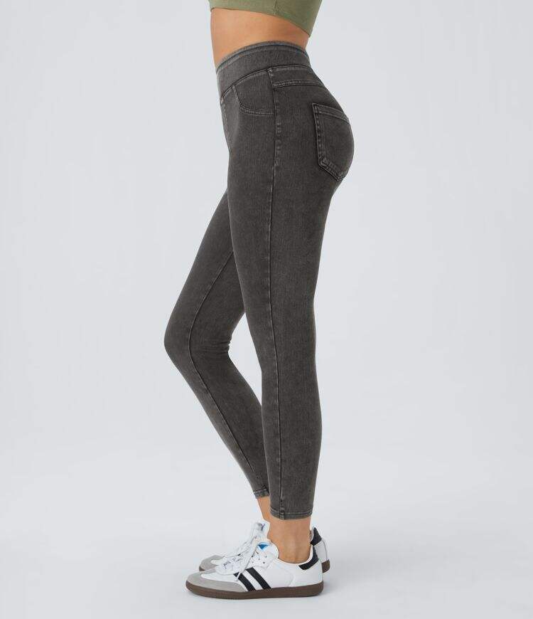 Ha High Waisted Back Side Pocket Stretchy Knit Denim Casual Leggings