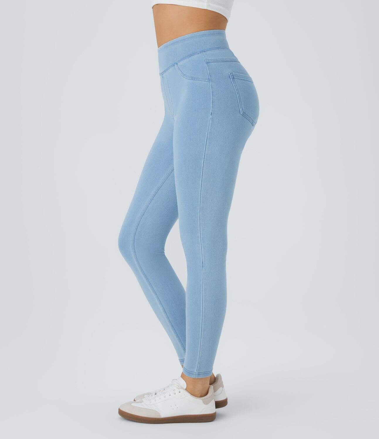 Ha High Waisted Back Side Pocket Stretchy Knit Denim Casual Leggings