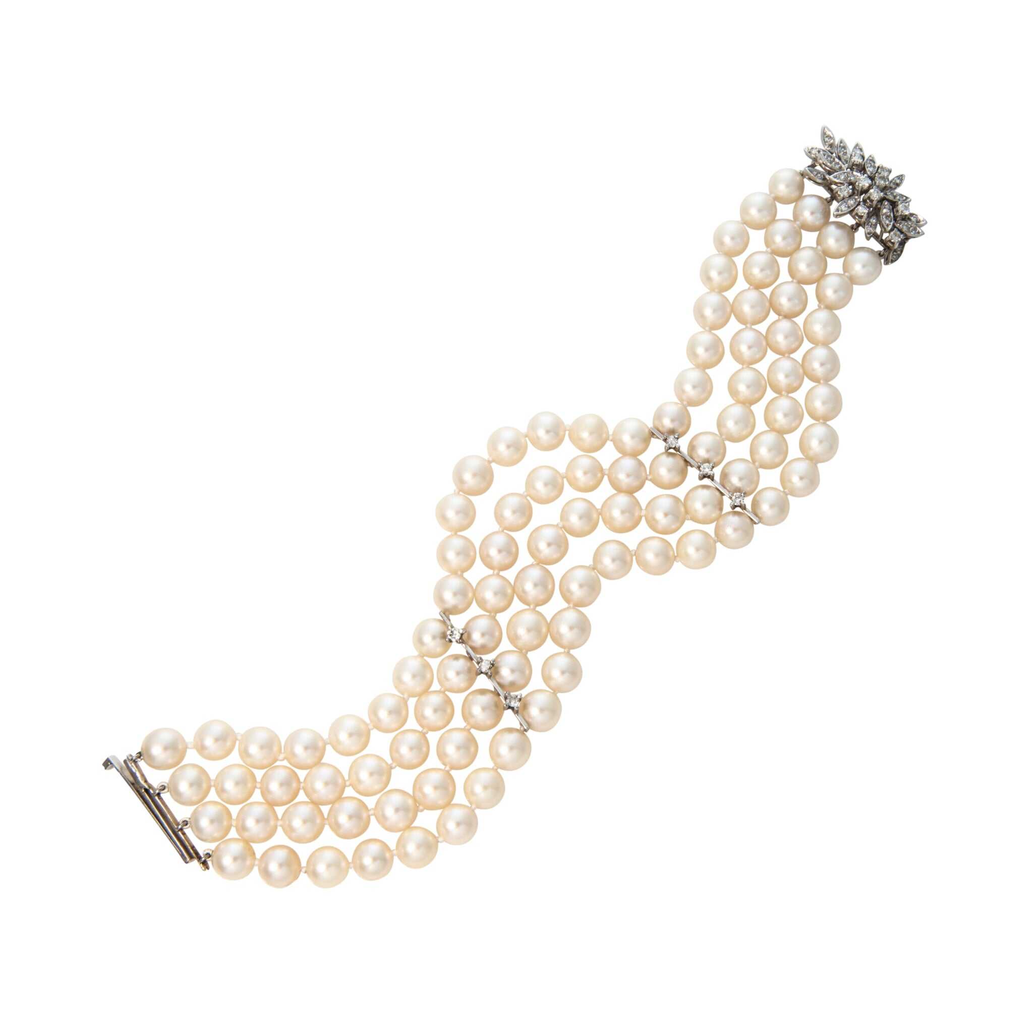 Vintage 4-Strand Pearl & Diamond 14K White Gold Bracelet