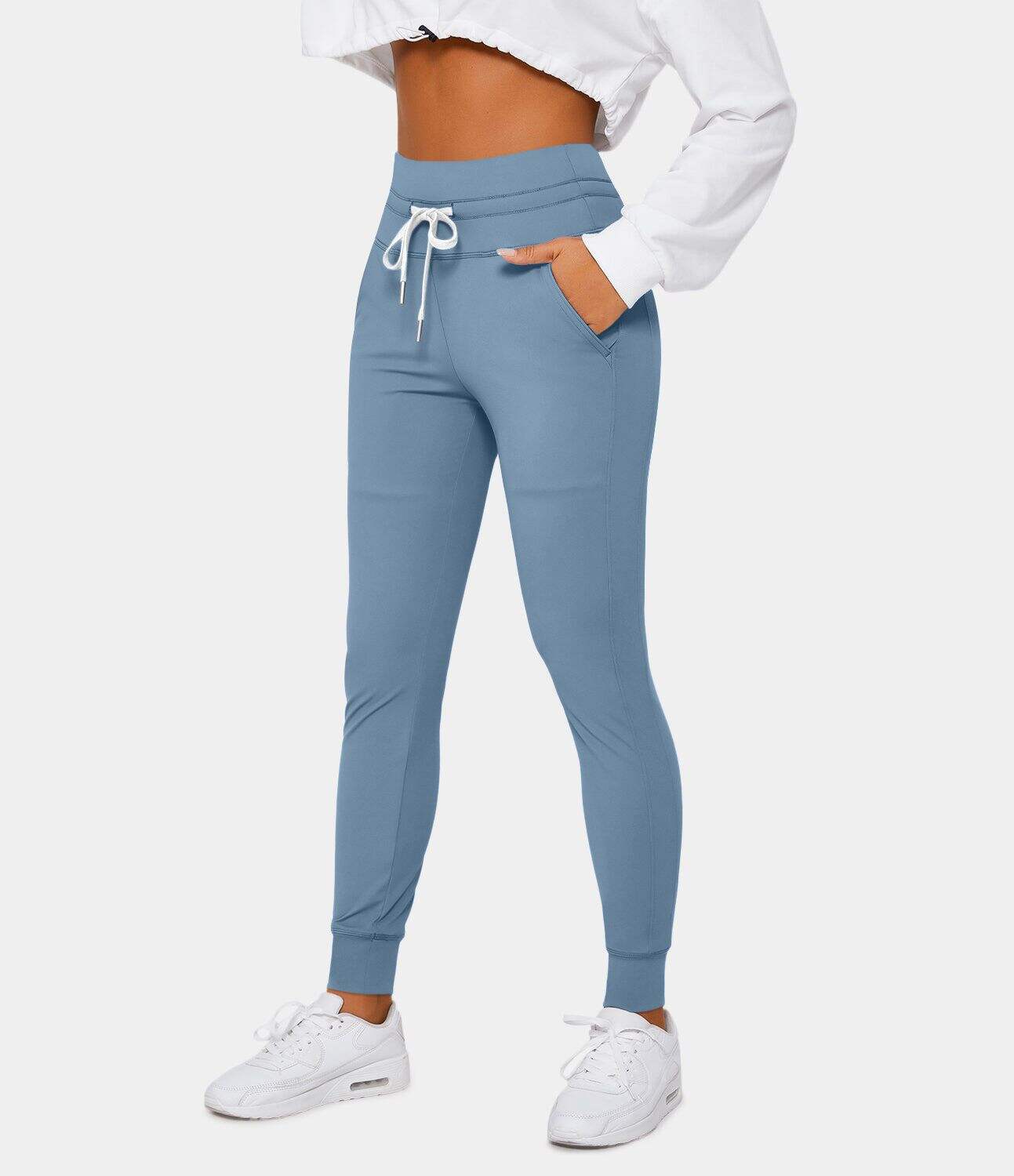Airy High Waisted Drawstring Side Pocket Plain Cool Touch Full Length Joggers-UPF50+