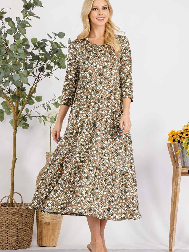 Floral Tiered 3/4 Sleeve Midi Dress