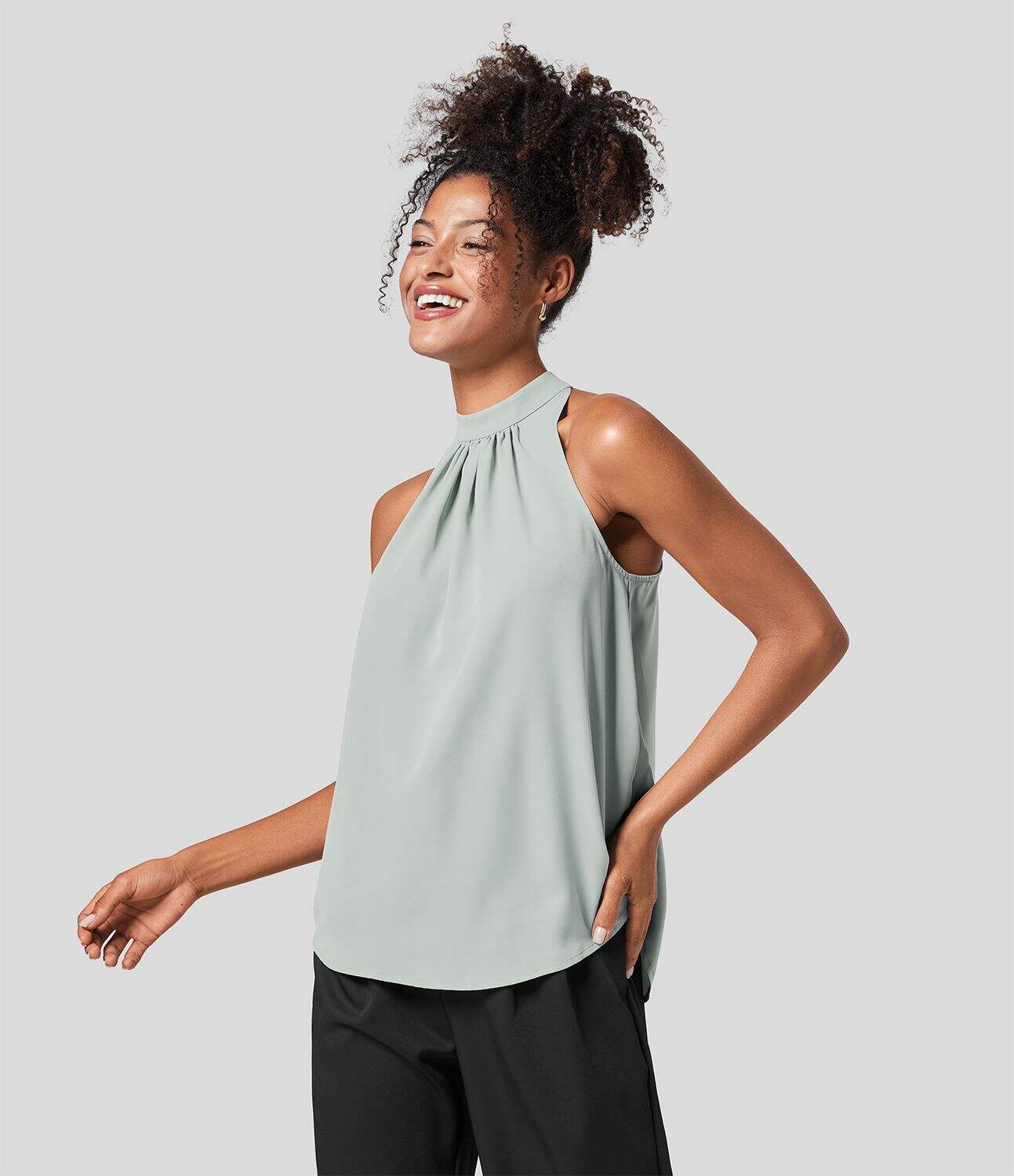 Keyhole Back Halter Plicated Sleeveless Curved Hem Work Blouse