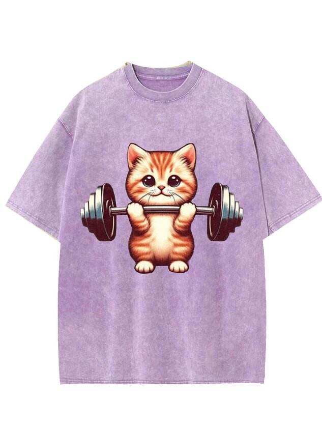 Funny and Cute Weightlifting Cat Print Washed T-Shirt 🐱💪