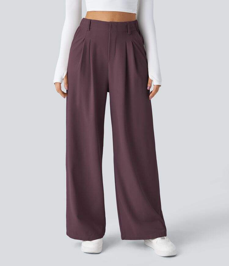 High Waisted Plicated Side Pocket Wide Leg Waffle Work Pants