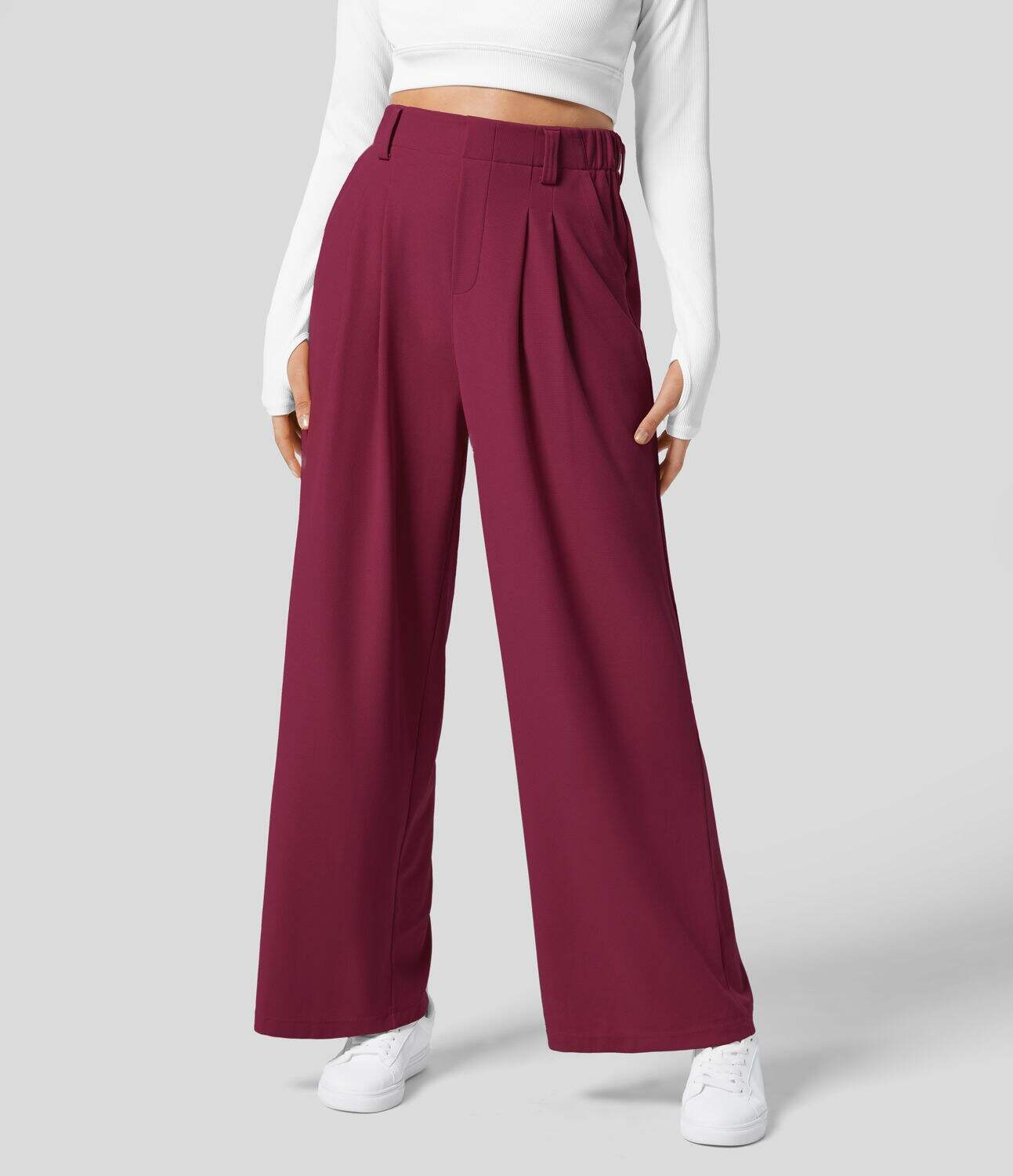 High Waisted Plicated Side Pocket Wide Leg Waffle Work Pants