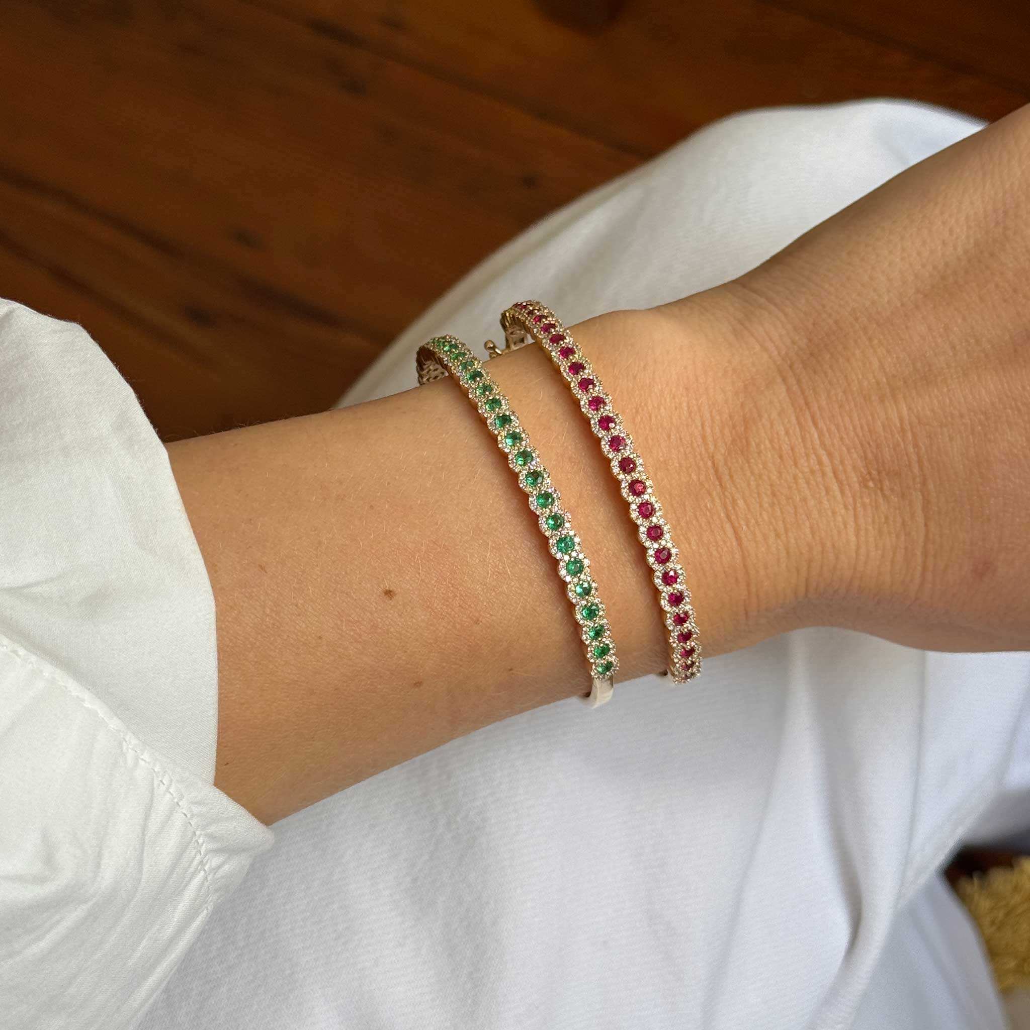 Emerald & Diamond Halo Pavé 14K Yellow Gold Bangle