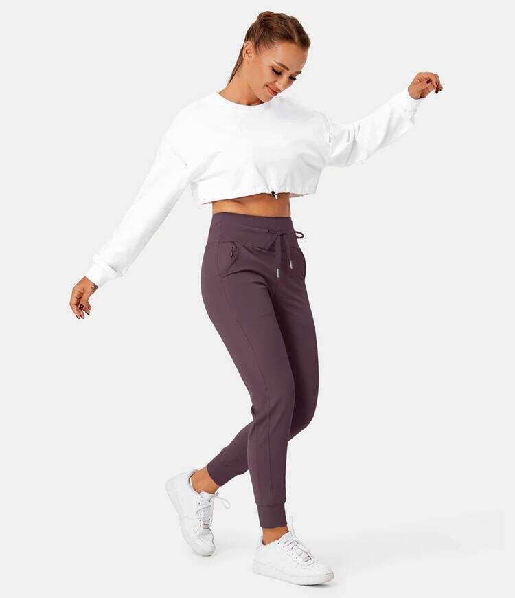 Airy High Waisted Drawstring Side Pocket Plain Cool Touch Full Length Joggers-UPF50+