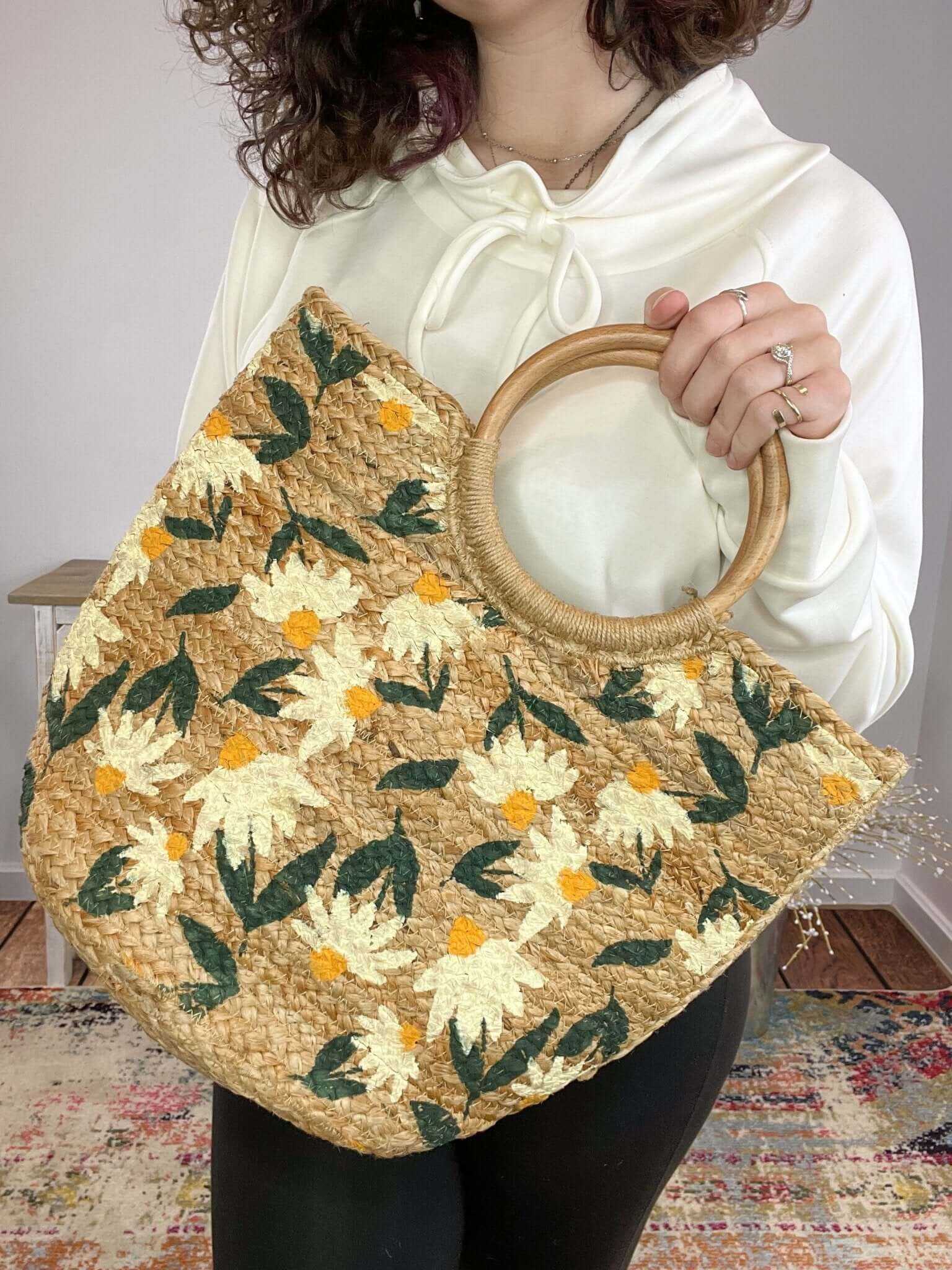 Daisy Painted Alani Jute Circle Wood Handle Tote Bag