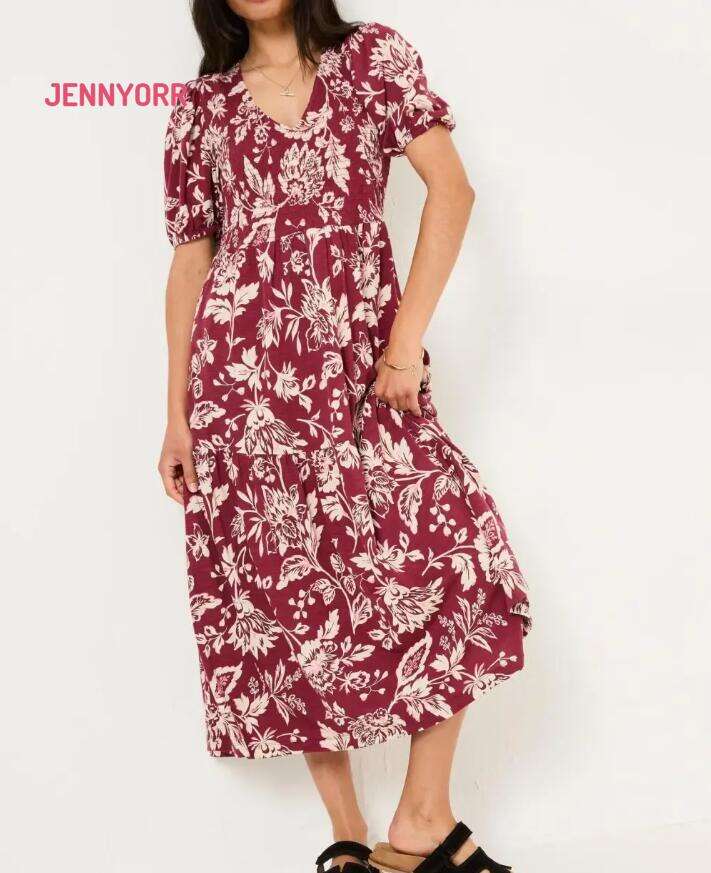Burgundy Red Floral Short Sleeve Midi Dress