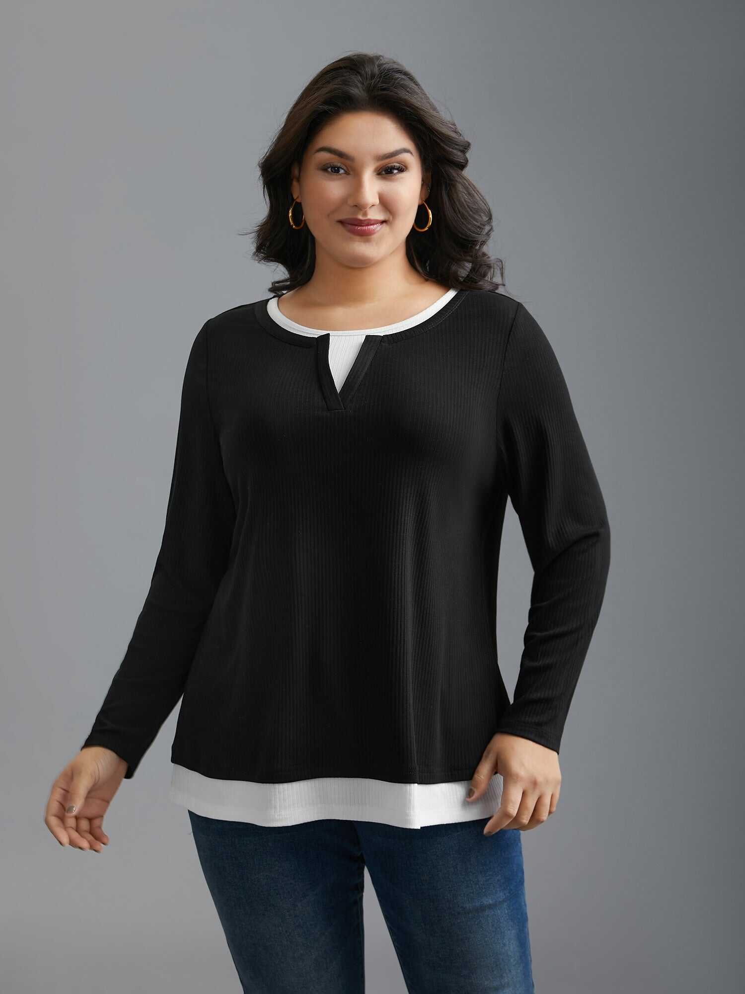Notched Patchwork 2-In-1 Knit Top