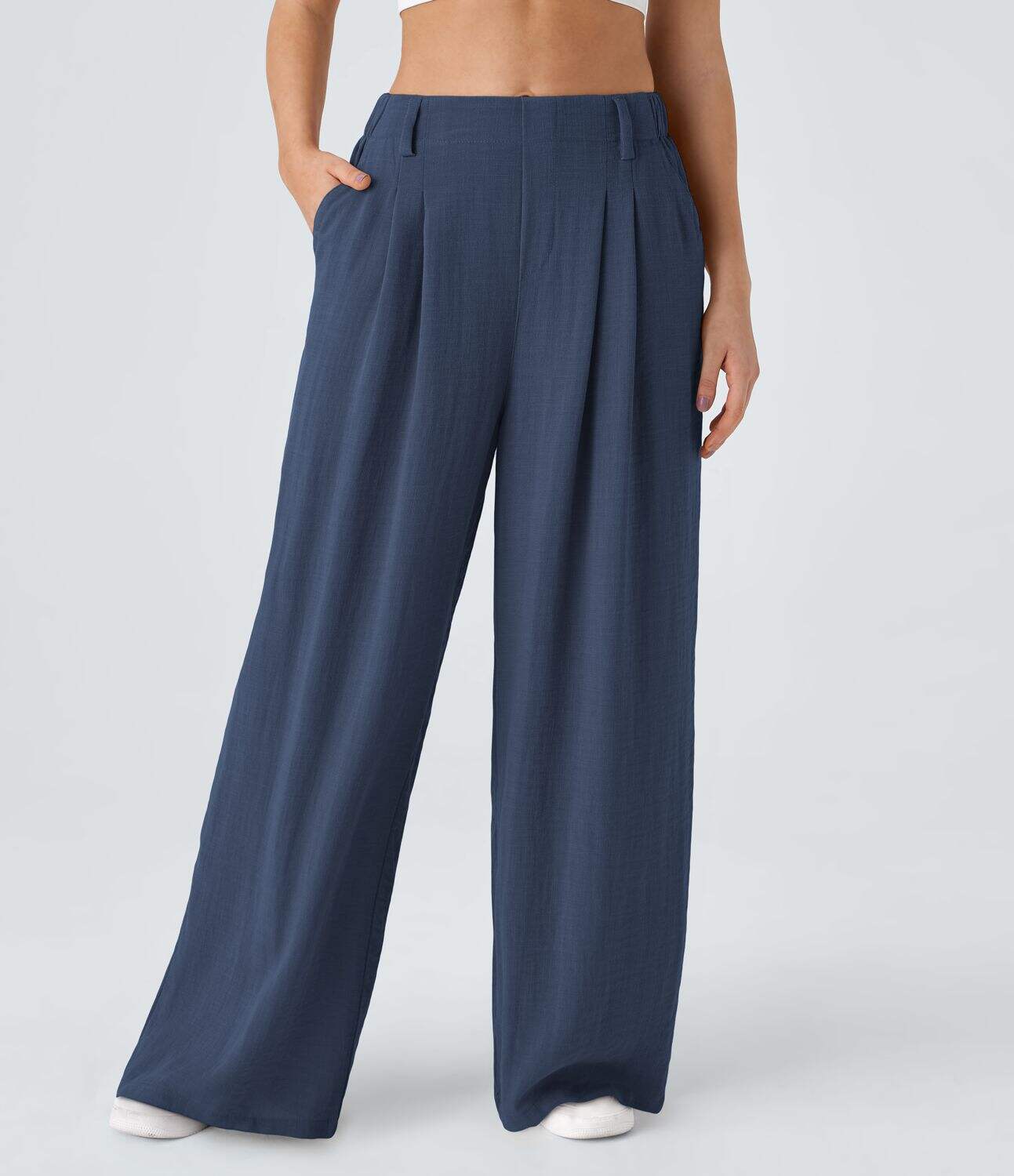 High Waisted Plicated Side Pocket Wide Leg Flowy Solid Palazzo Casual Linen-Feel Pants