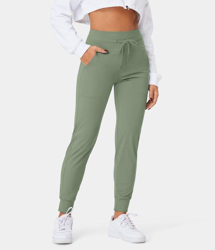 Airy High Waisted Drawstring Side Pocket Plain Cool Touch Full Length Joggers-UPF50+