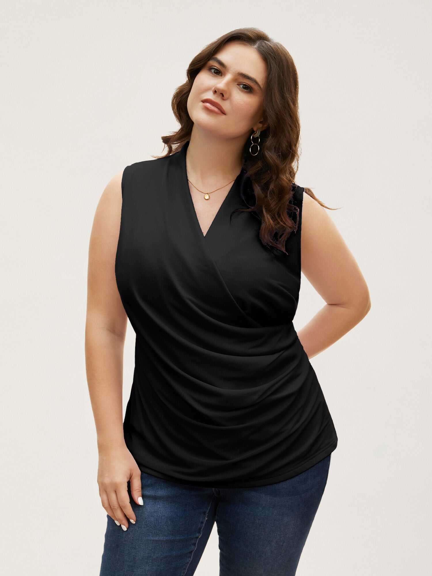 Overlap Collar Solid Pleated Tank Top