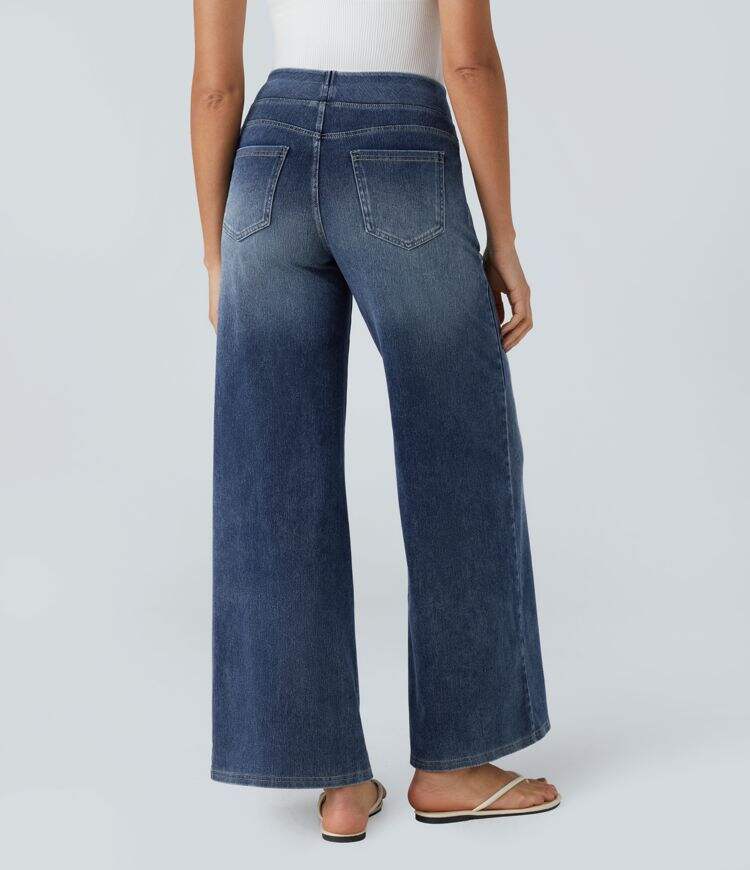 High Waisted Multiple Pockets Wide Leg Washed Stretchy Knit Casual Jeans