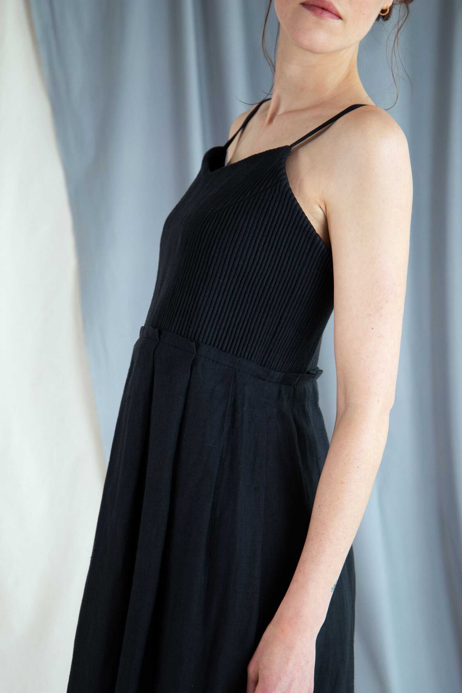 Corded linen midi dress - Black