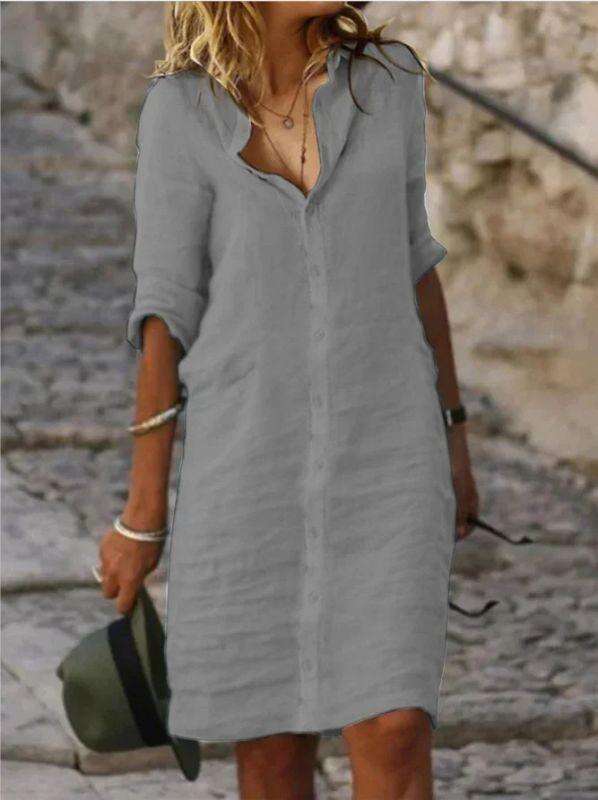 Lapel Buttoned Solid Color Cotton & linen Shirt Dress