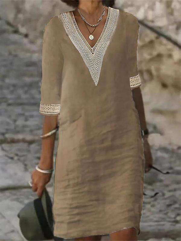 Solid Color V-neck Mid-sleeve Cotton and Linen Casual Dress