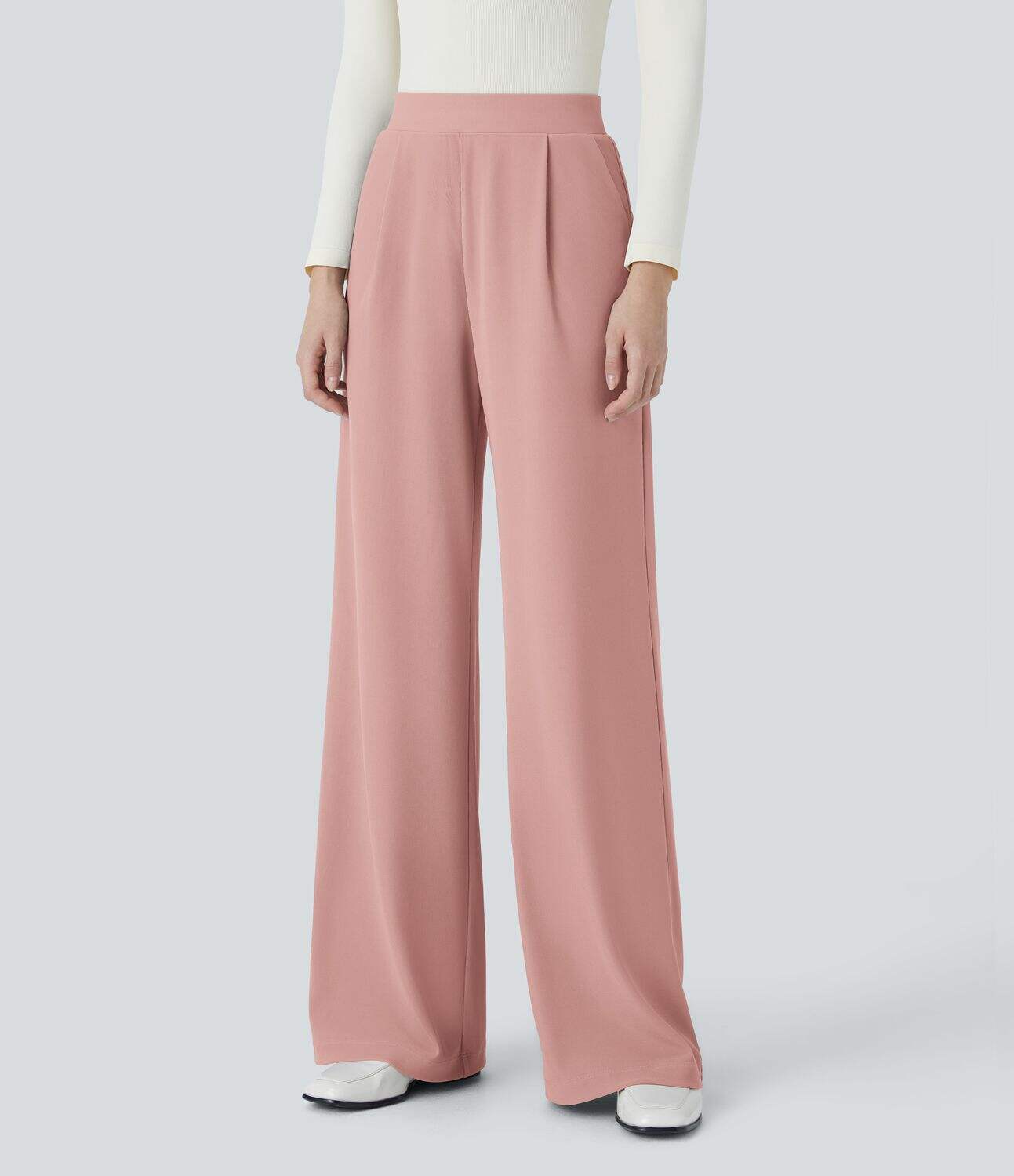 Ha High Waisted Body Sculpt Waist-Slimming Side Pocket Wide Leg Micro Waffle Work Pants