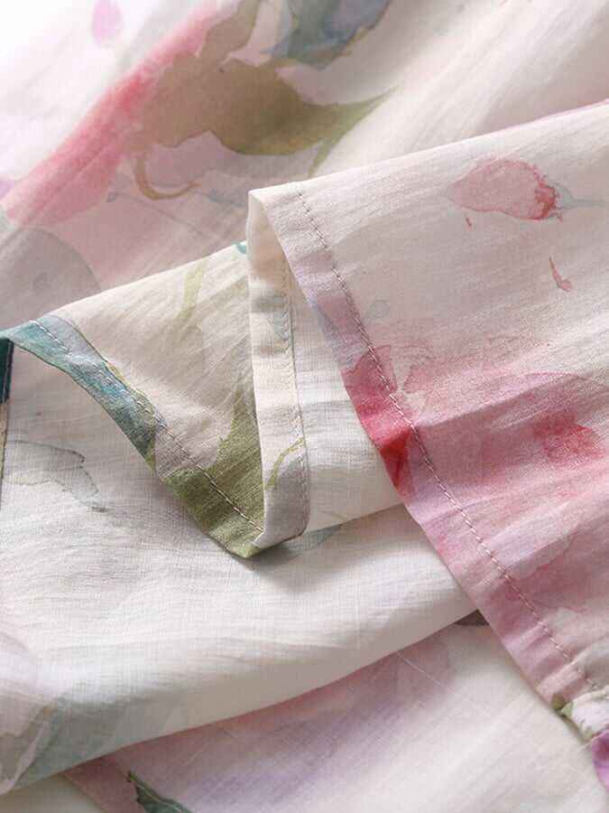 Cotton Linen Pink Printed Loose And Thin V-Neck Long Skirt With Pockets