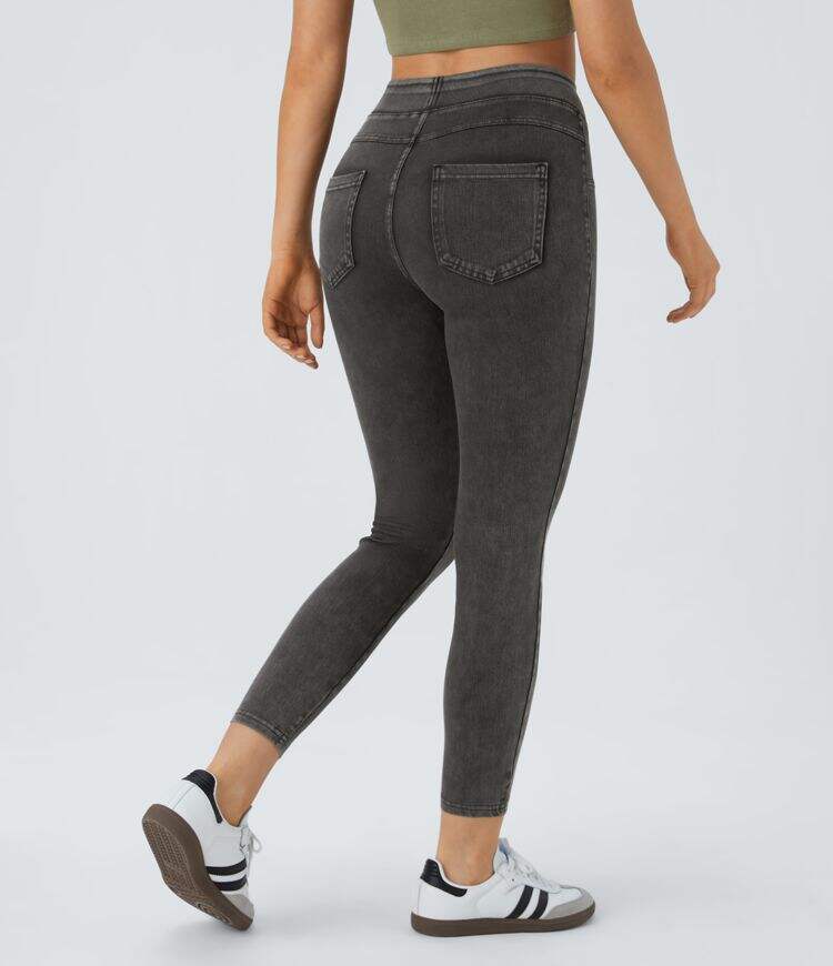 Ha High Waisted Back Side Pocket Stretchy Knit Denim Casual Leggings