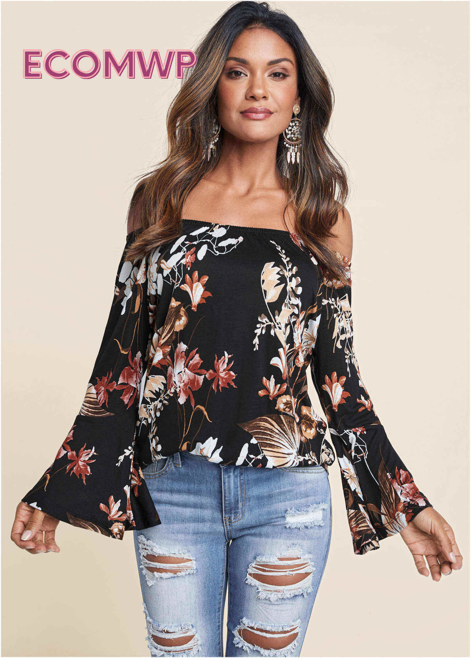 Bell Sleeve Printed Top - Black Multi