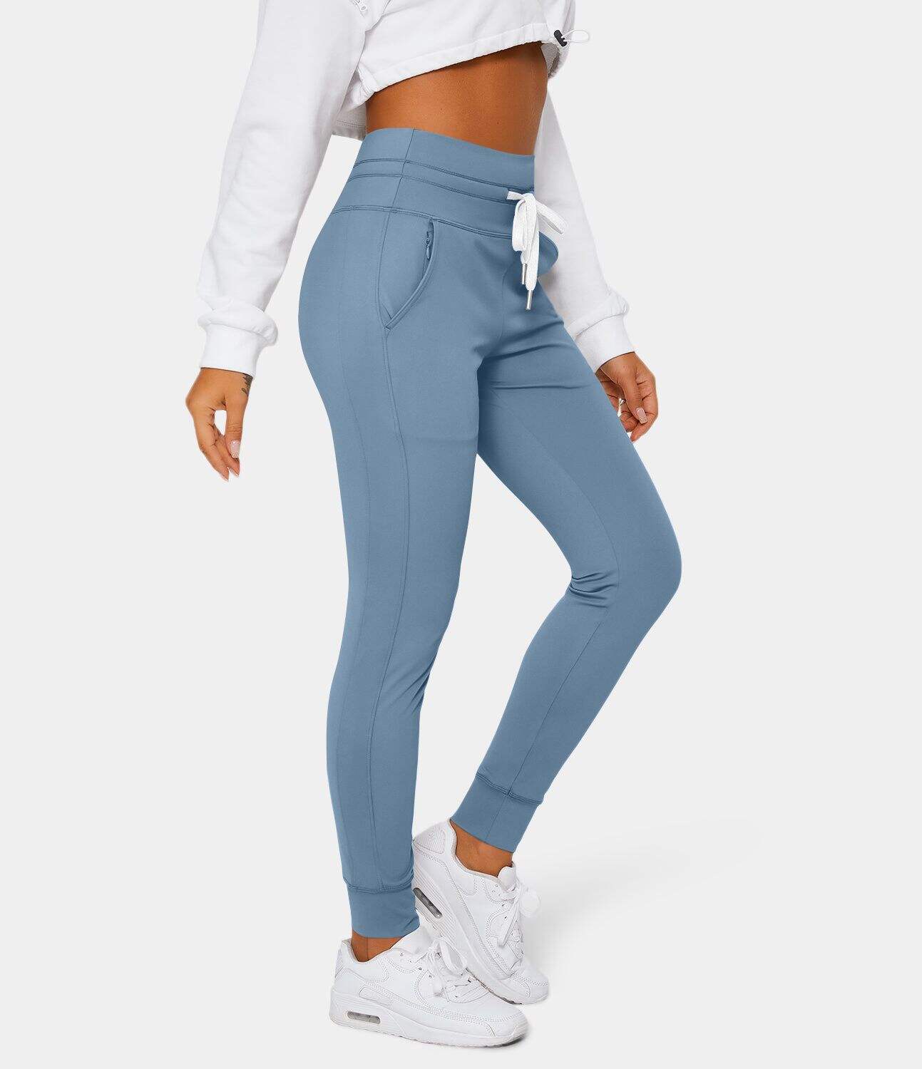 Airy High Waisted Drawstring Side Pocket Plain Cool Touch Full Length Joggers-UPF50+