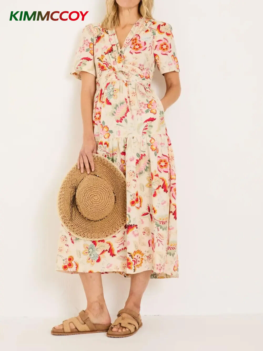 Cream Plants Printed Midi Dress