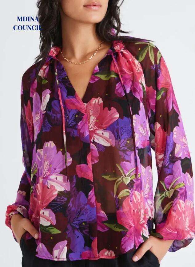 Deft Purple Orchids Georgette LS Blouse
