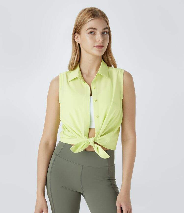 Collared Sleeveless Button Curved Hem Hiking Shirt