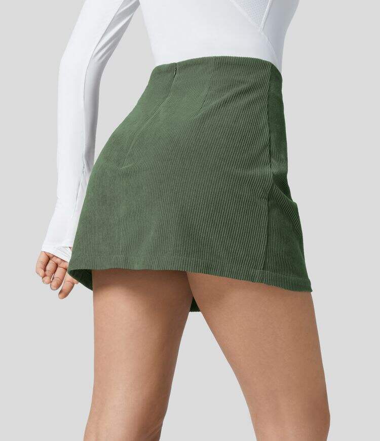 High Waisted Invisible Zipper 2-in-1 A Line Mini Corduroy Casual Skirt