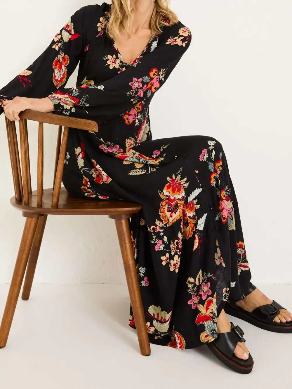 Black Floral Long Sleeve Midi Dress
