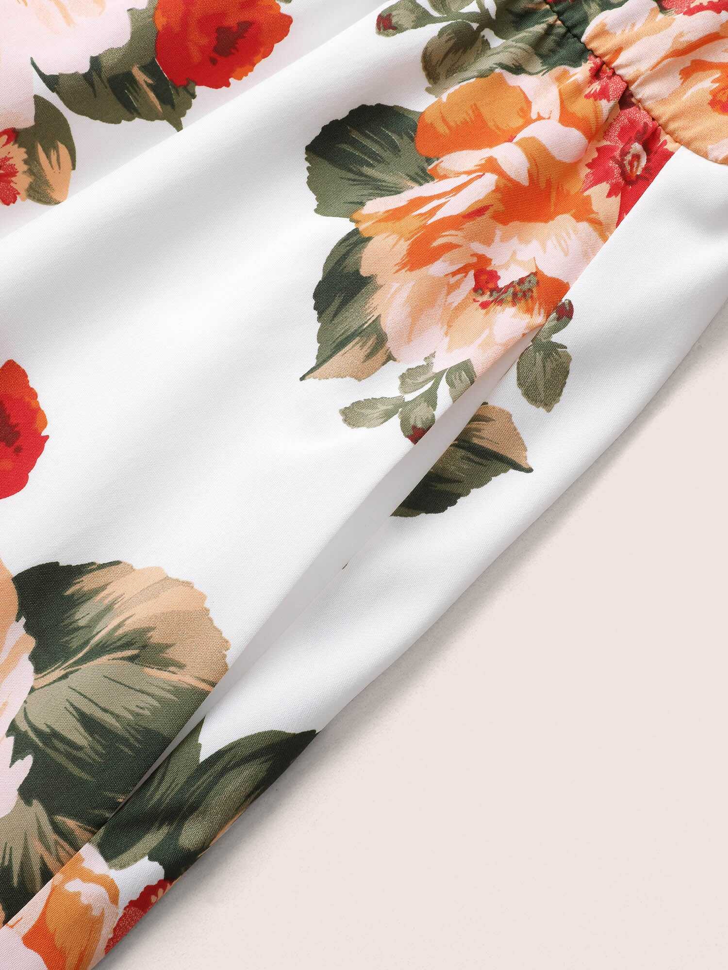 Floral Print Notched Elastic Cuffs Dress
