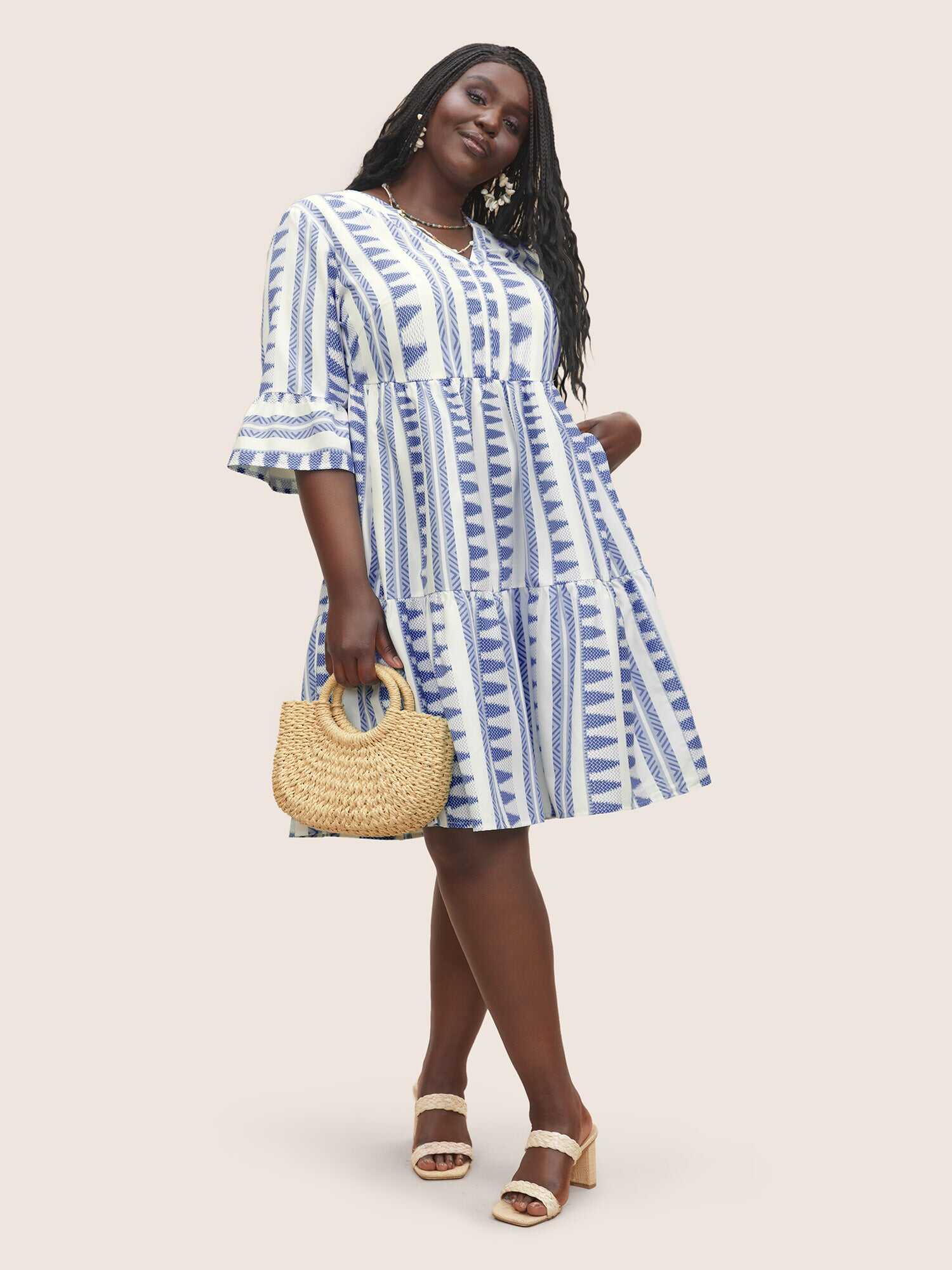 Bandana Geometric Notched Ruffle Layered Hem Dress