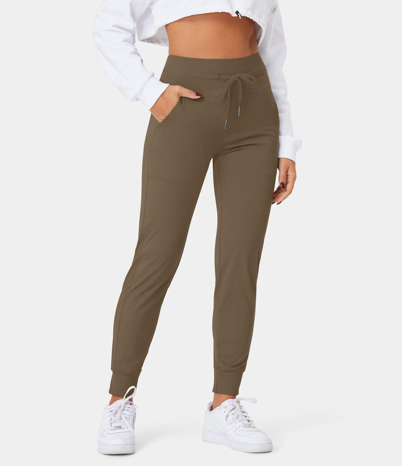 Airy High Waisted Drawstring Side Pocket Plain Cool Touch Full Length Joggers-UPF50+
