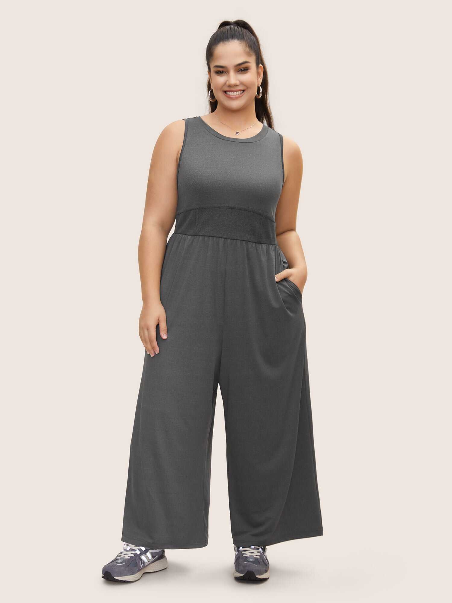 Rib Knit Patchwork Wide Leg Jumpsuit