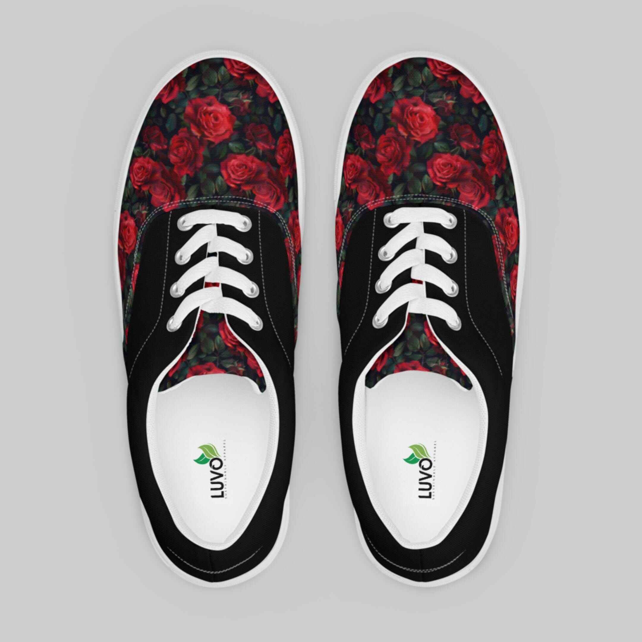 Black and Red Rose Lace-Up Canvas Shoes