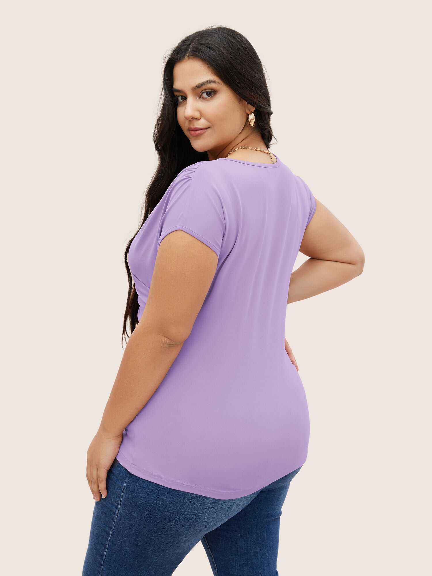 Plain Ruched Overlap Collar Dolman Sleeve Knit Top