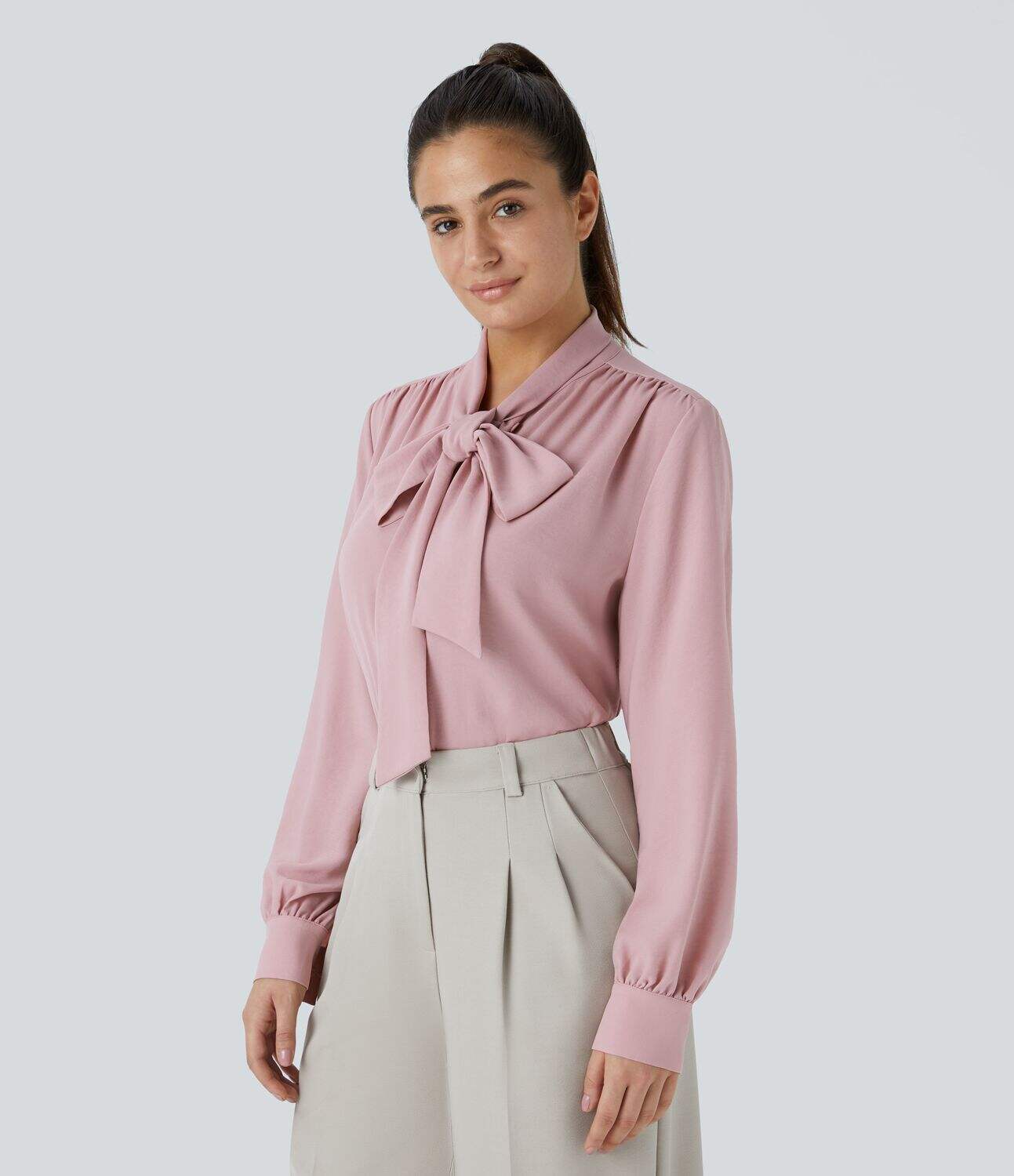 Tie Neck Plicated Long Sleeve Button Work Blouse