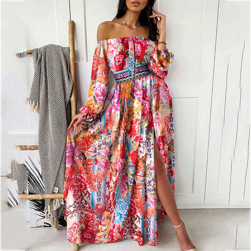 V-neck pulower vintage sukienka maxi z długim rękawem