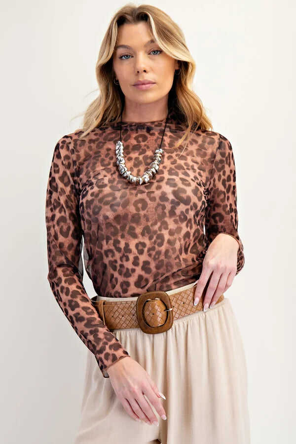 Easel Brown Leopard Layering Mesh Top FINAL SALE