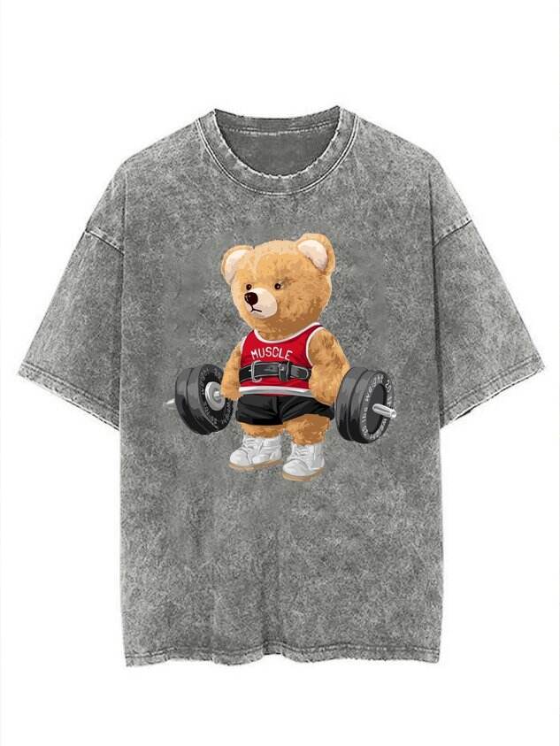 🐻 Fun Cotton Workout Bear Washed Fitness T-Shirt