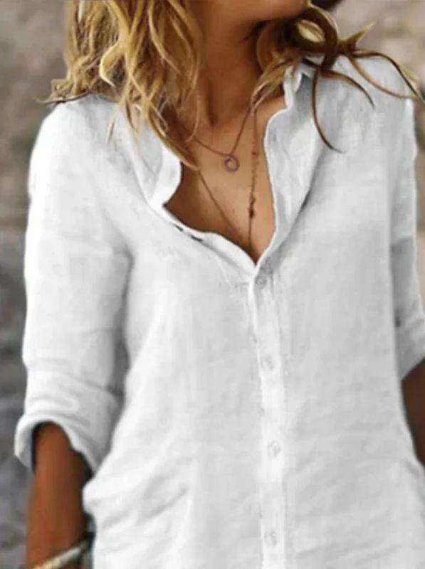 Lapel Buttoned Solid Color Cotton & linen Shirt Dress