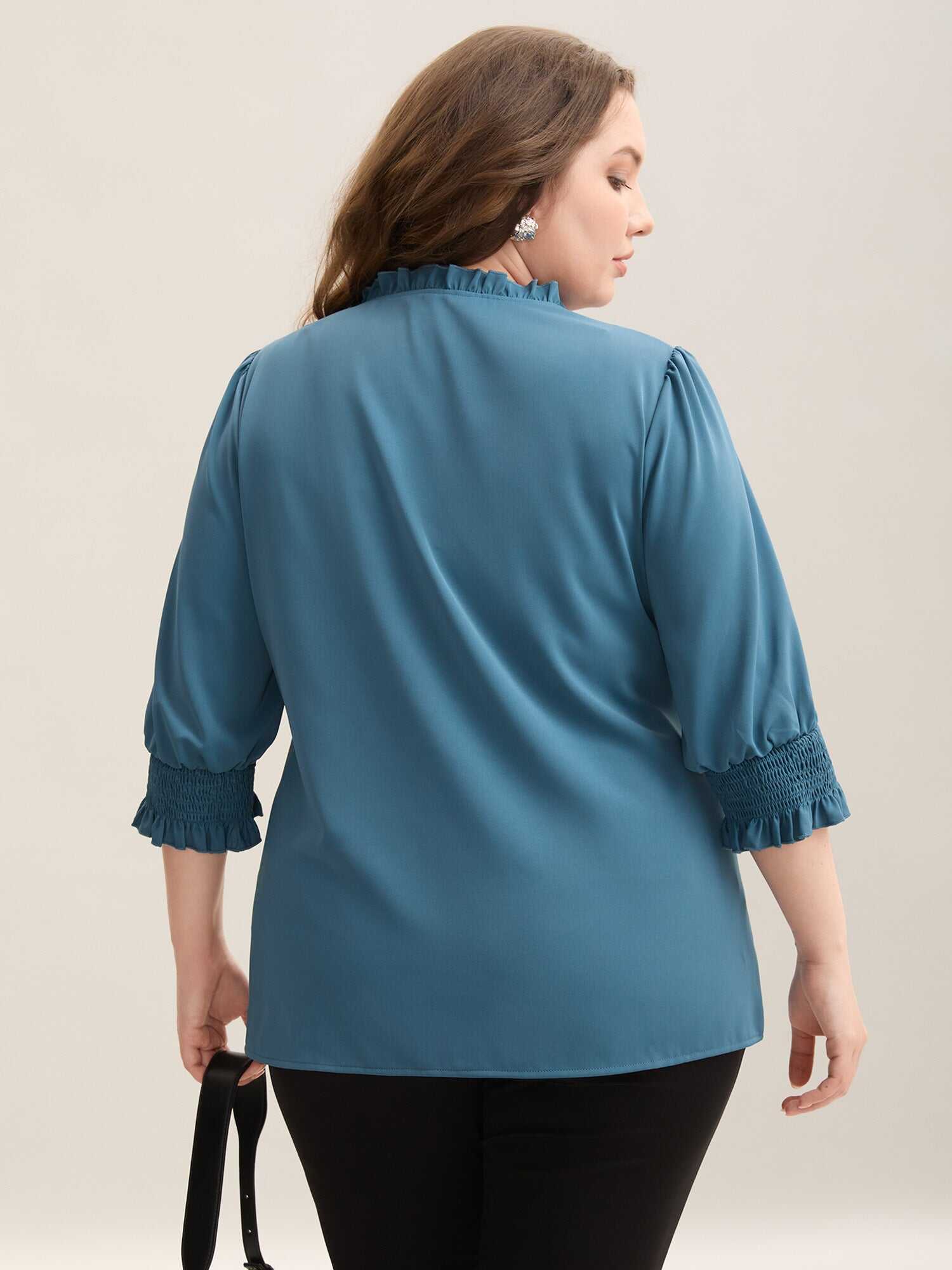 Shirred Sleeve Collared Plain Blouse