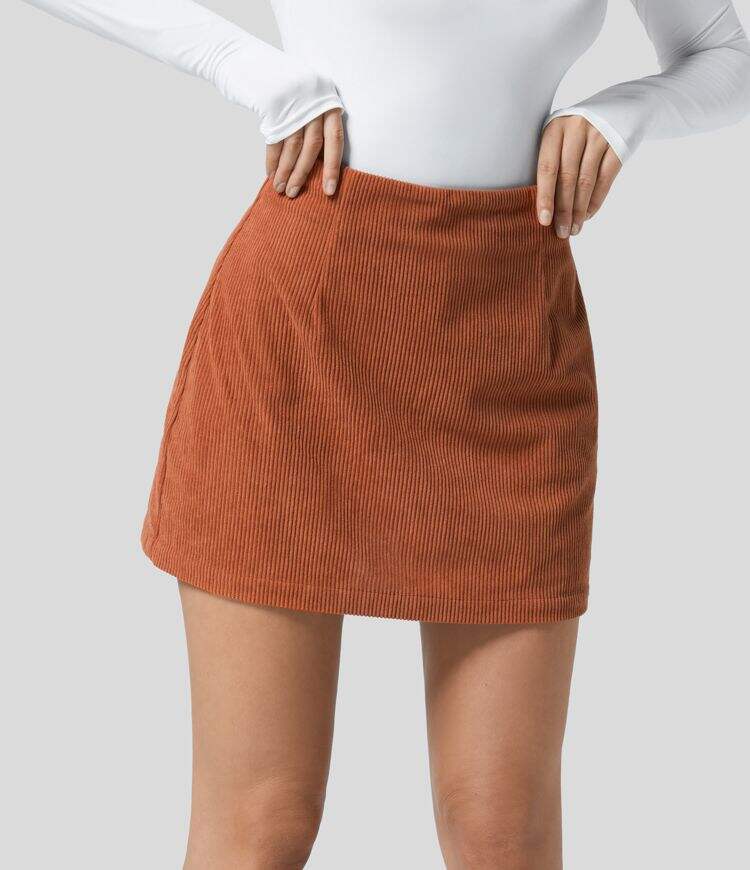 High Waisted Invisible Zipper 2-in-1 A Line Mini Corduroy Casual Skirt